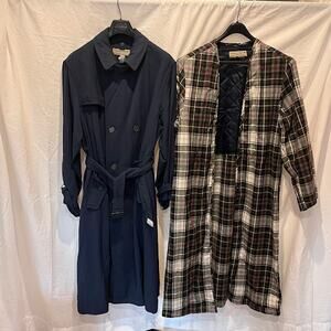 Vintage 80s Krizia Uomo Made in Italy Mens Navy Trench Raincoat with Plaid Liner